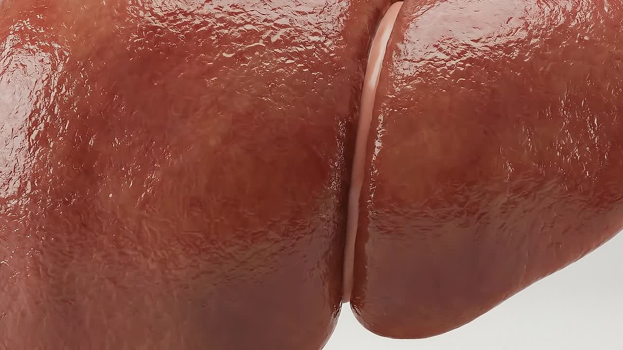 Close up of human liver organ isolated on white background showing detailed surface and realistic anatomy