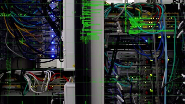 Animation of data processing over close up of computer server