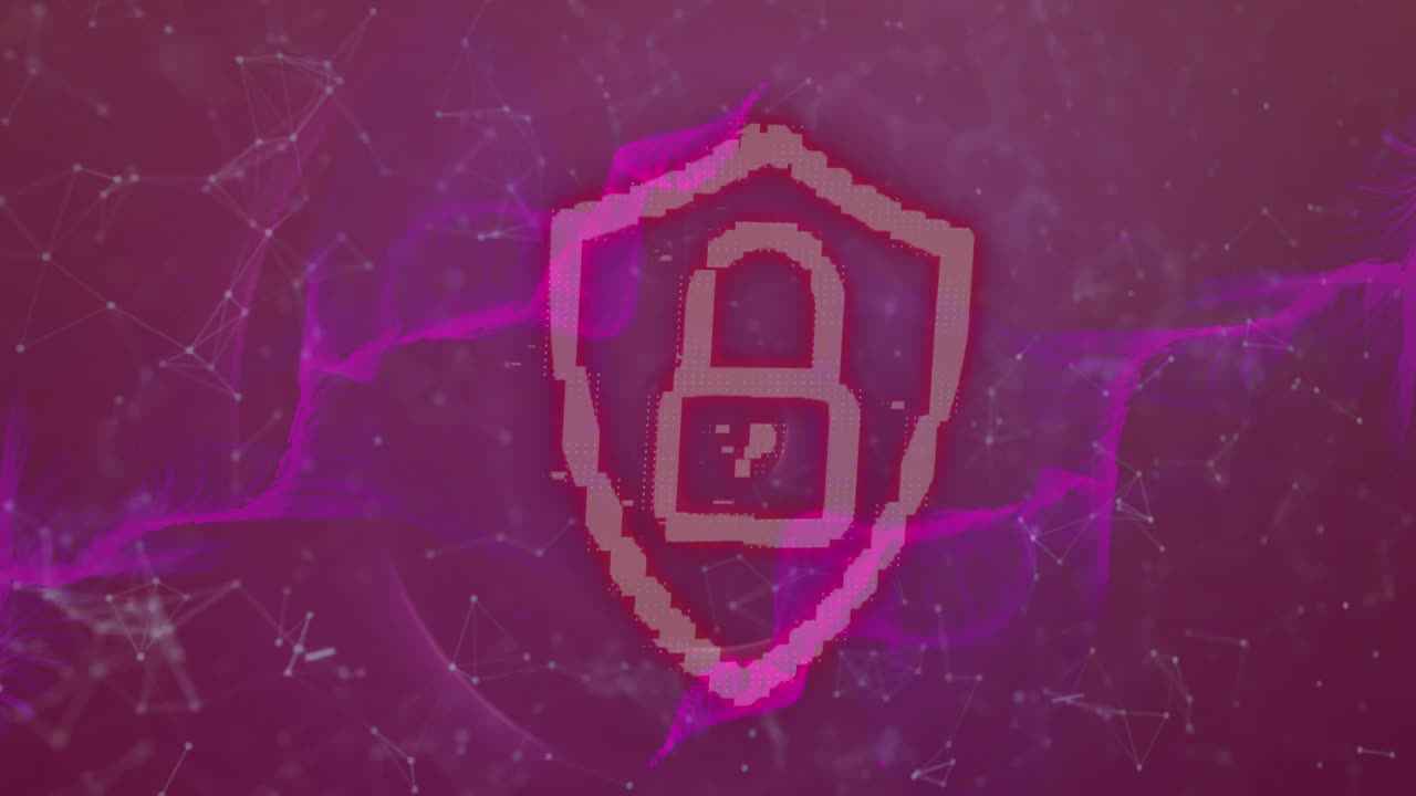 animación del icono del candado de seguridad, la onda digital y la red de conexiones en fondo púrpura