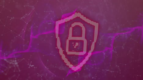 Animation-of-security-padlock-icon,-digital-wave-and-network-of-connections-on-purple-background