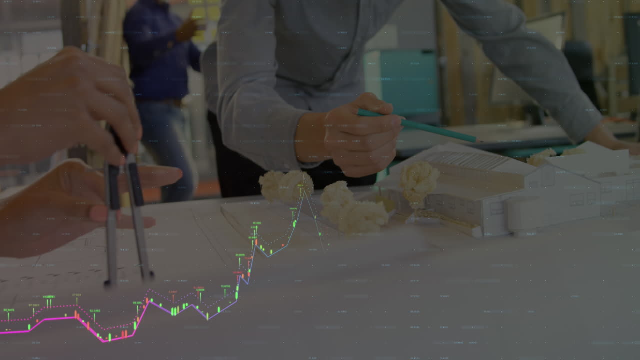 사무실에서 모델을 작업하는 건축가 팀의 중간 섹션에서 데이터 처리의 애니메이션