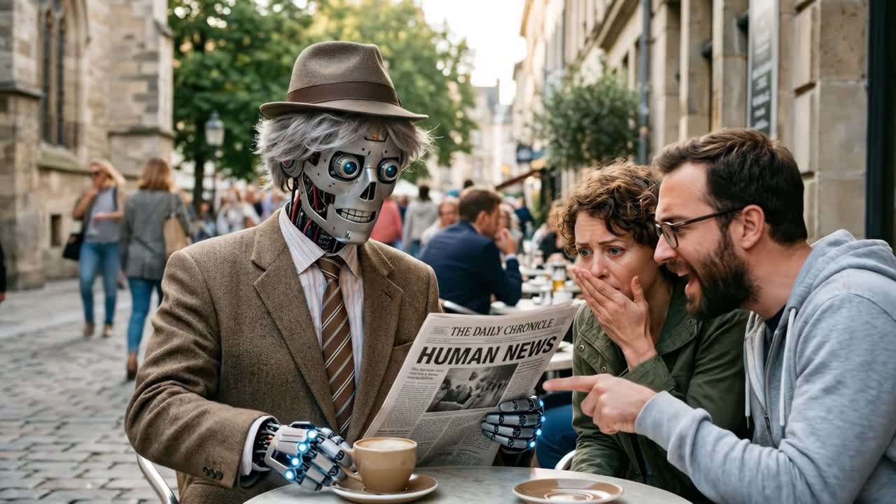 Robot Reading 'Human News' at Outdoor Cafe While People React