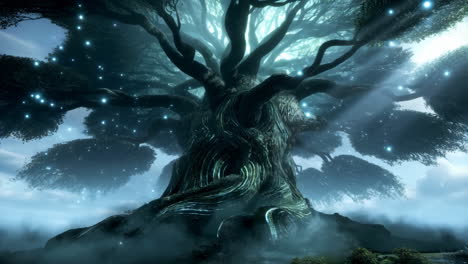 mystical ancient tree with glowing lights in a misty forest