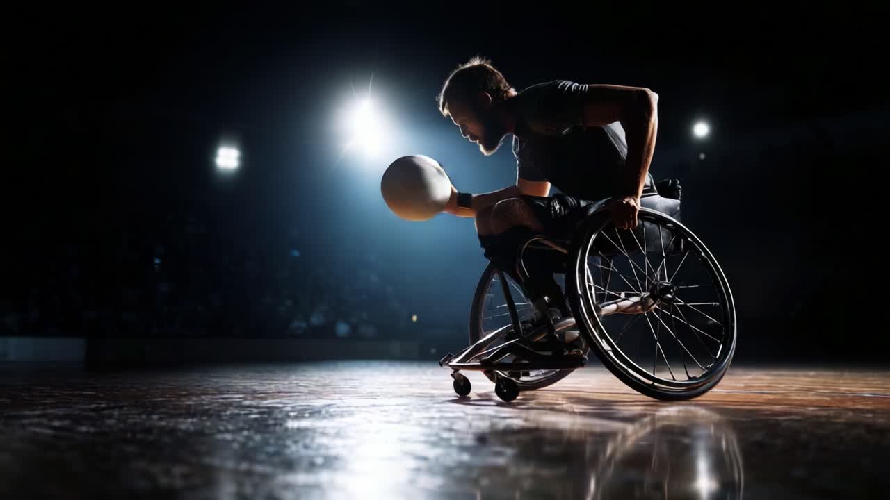 Dynamic Wheelchair Basketball Player Showcasing Skill and Passion on the Court Under Dramatic Lighting in an Intense Competitive Environment