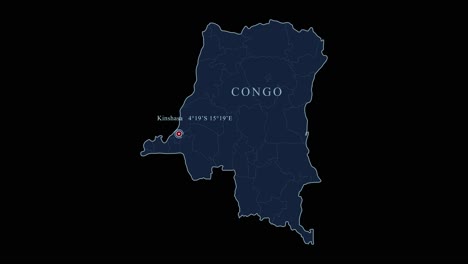 mapa azul del congo con la capital kinshasa y las coordenadas geográficas en fondo negro