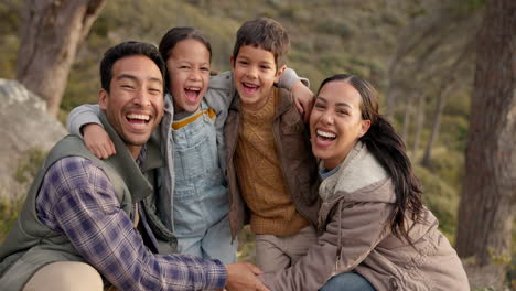 Happy-family,-portrait-and-hiking-in-nature