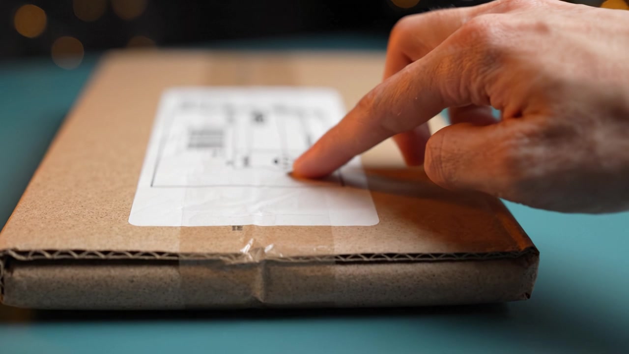 A Close-Up View of a Brown Package on a Table with a Finger Pointing Towards It, Highlighting the Curious Anticipation of Unboxing Contents Inside.