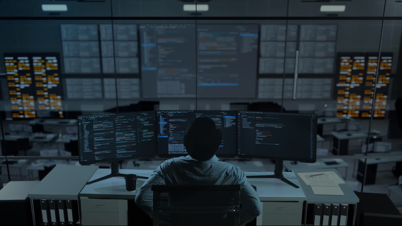 Back View Of Asian Man Developer Having Backache While Write Code With Multiple Computer Screens In The Office