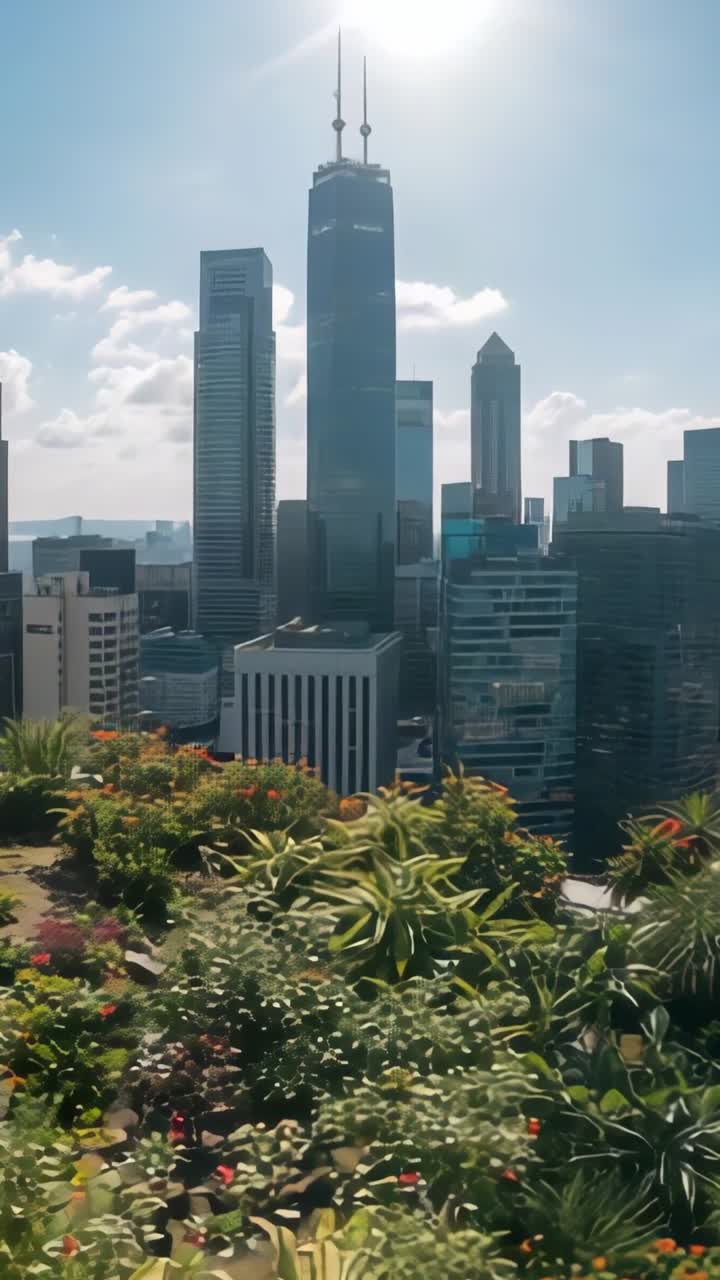 Vídeo vertical: câmera inclinando para cima sobre suculentas no terraço, panorâmica revelando torres de arranha-céus