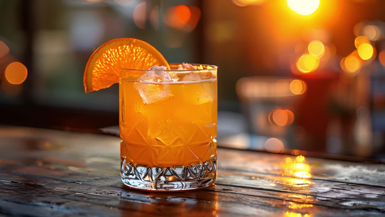 A refreshing orange cocktail with ice and an orange slice on a bar counter