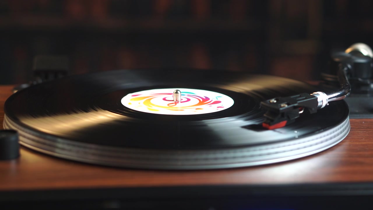 Disco in vinile che gira, riproduzione di un album musicale nell'ambiente della stanza