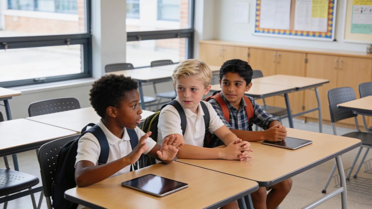 Talking left boy explaining point at school desks, wearing polos and plaid with tablets backpacks