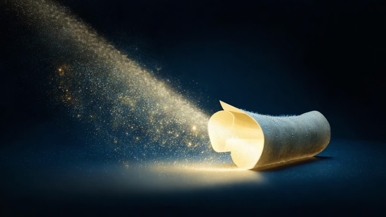 An Enigmatic Discovery: A Magical Scroll Releasing a Cascade of Glittering Stardust in a Mystical Ambiance, Capturing the Essence of Wonder and Imagination Through a Shimmering Display