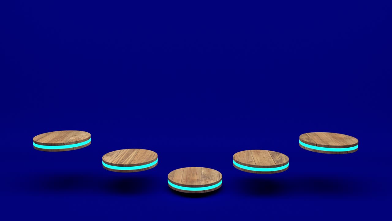 Wooden product stand futuristic or podium pedestal on empty display growing flashing light with blue backdrops. 3D rendering. seamless loop.