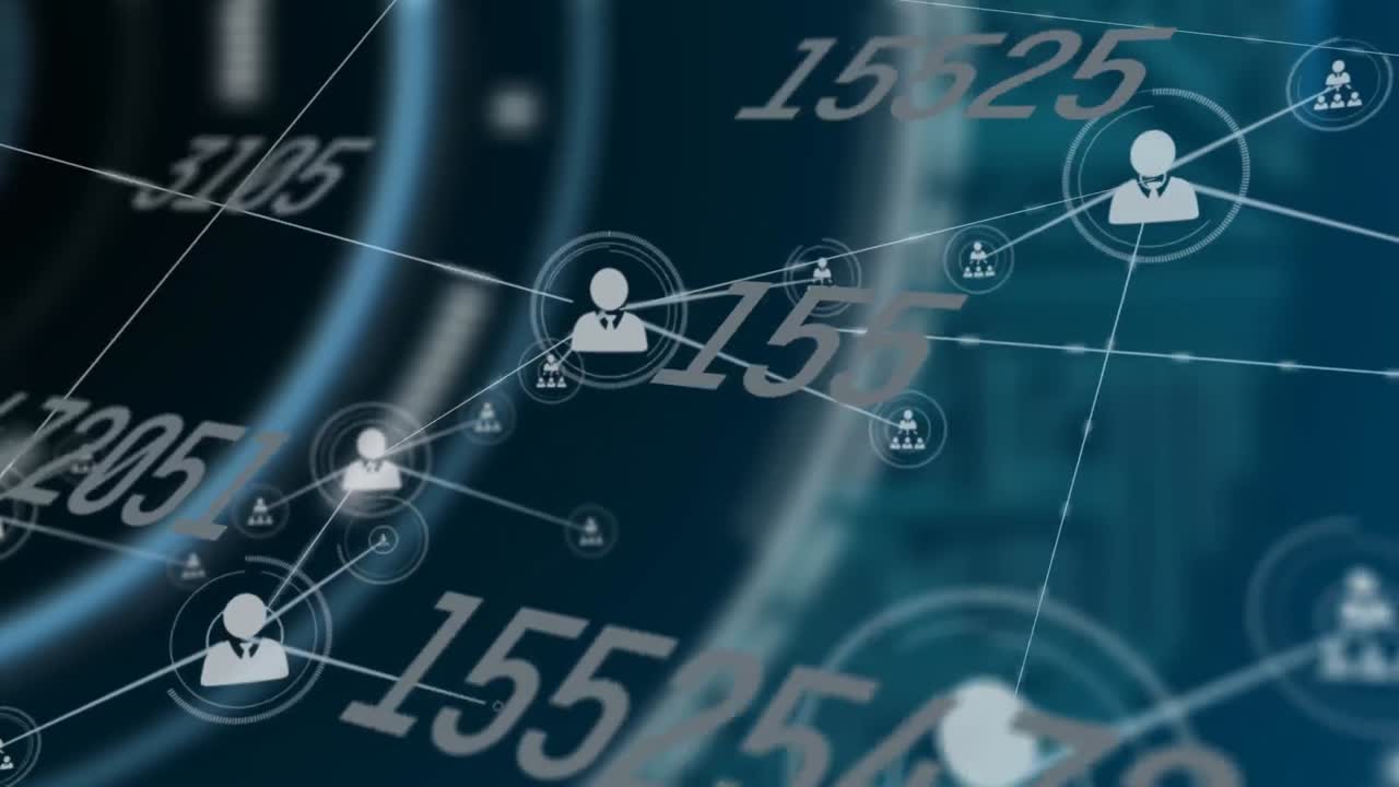 Animazione di una rete di connessioni con icone ed elaborazione dati.