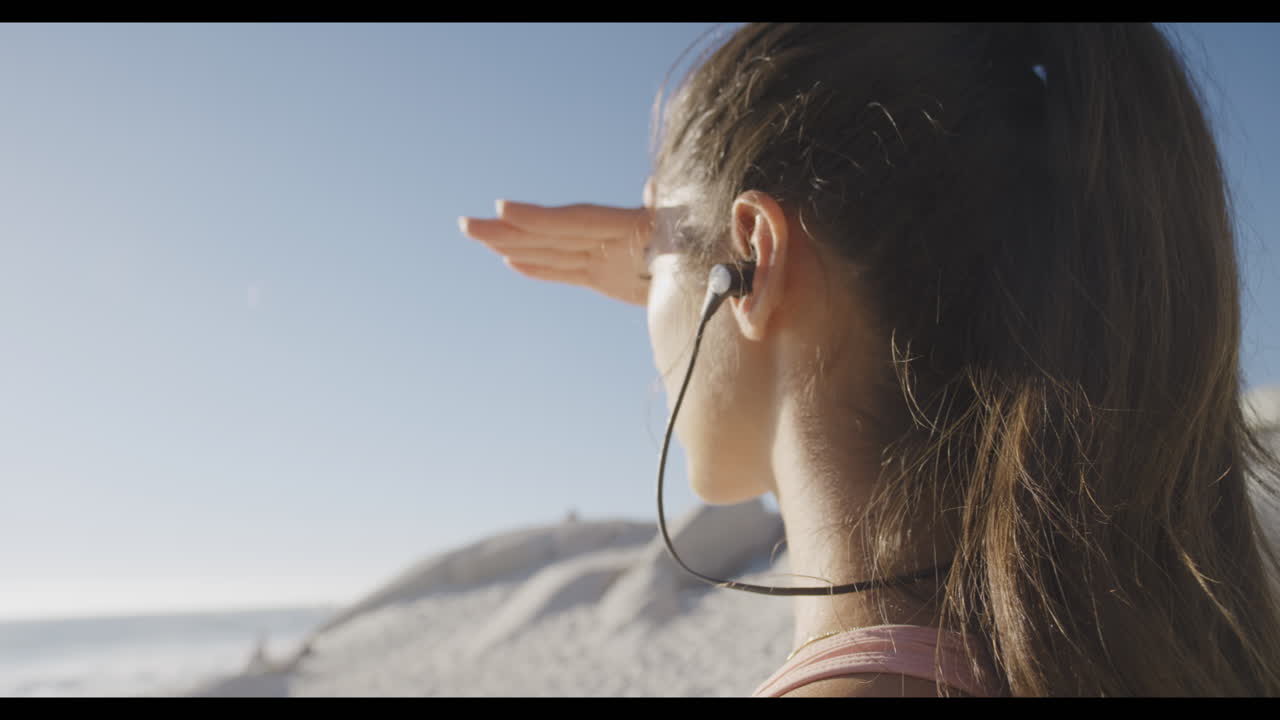 Fitness, music and view with a sports woman