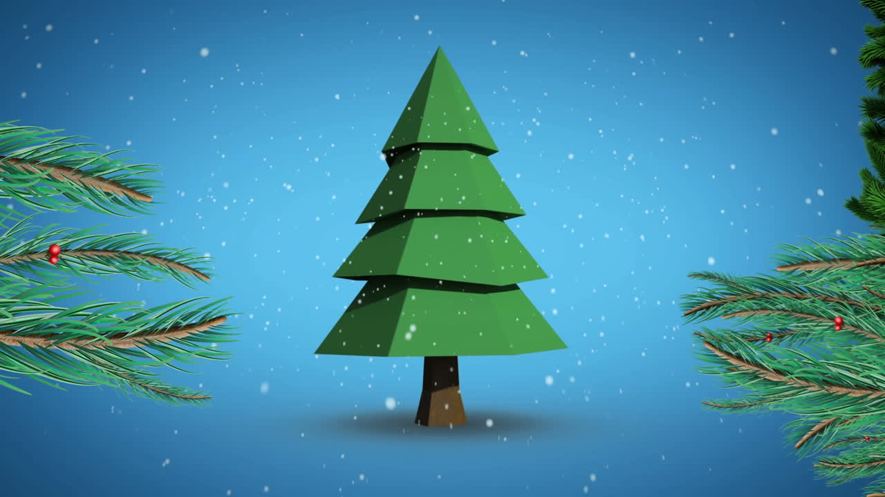 Animation of turning christmas tree and snow falling on blue background
