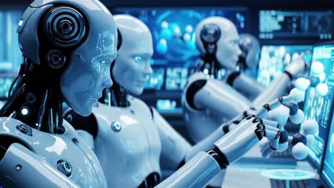 advanced robotics in action: a glimpse into the collaborative work of synthetic intelligence analyzing complex data sets within a high-tech environment