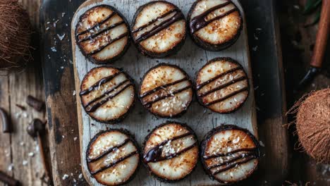 golosinas de plátano cubiertas de chocolate y coco