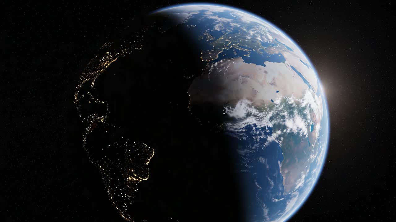 A Stunning View of Earth from Space: Transitioning Day into Night Captured with Brilliant City Lights Glowing Against the Darkness