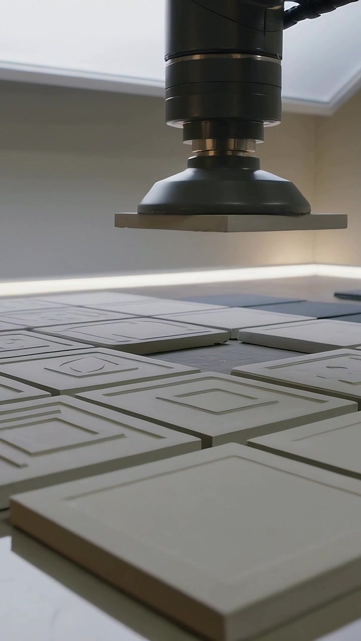 Vertical video: Getting command, robotic suction cup lifting tiles on bench for sorting, copy space