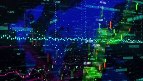 animación del procesamiento de datos financieros sobre el mapa del mundo