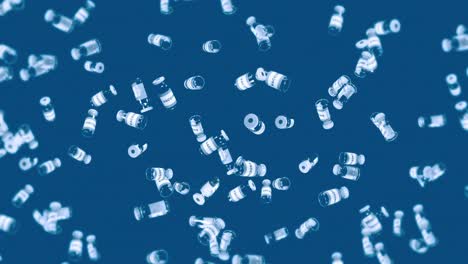 flying many vaccine bottles on blue background. medical concept. virus cure. transparent liquid. 3d loop animation of vaccines.