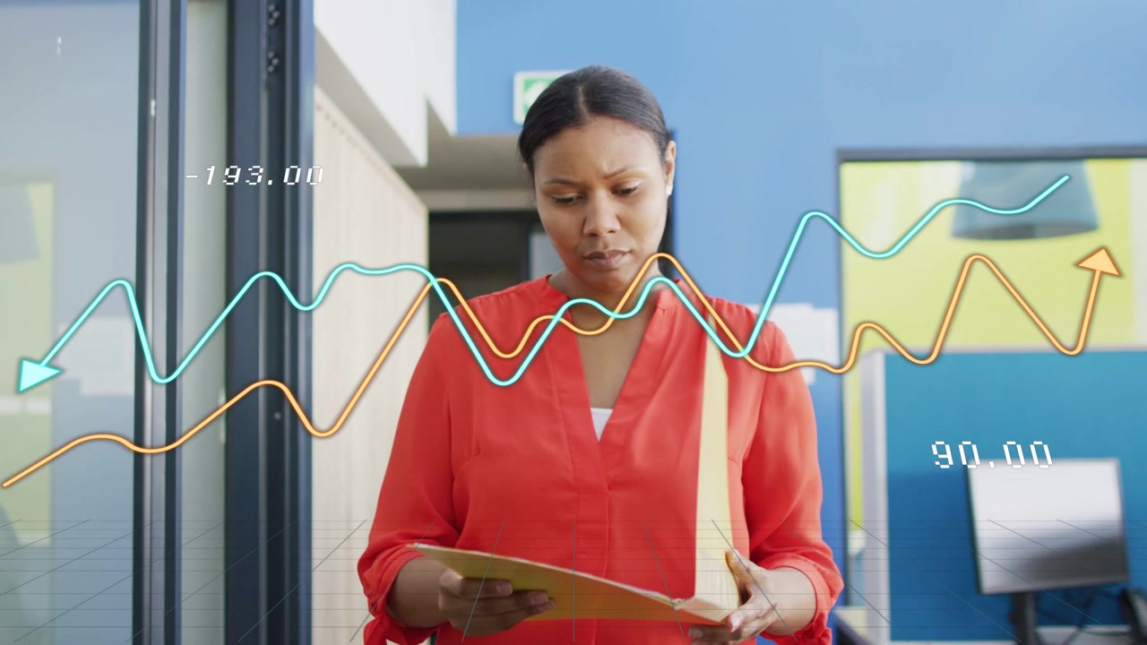 Office woman flipping yellow file pages, checking business data as animated graphs overlaying pages