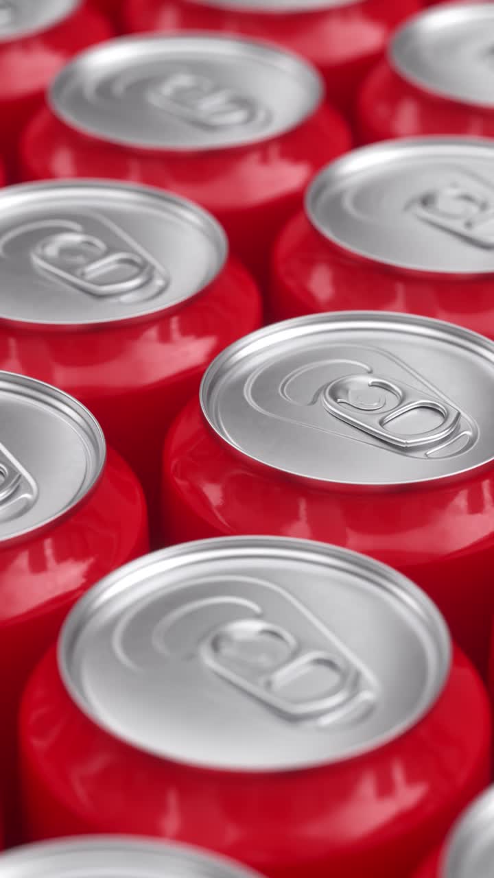 muchas latas de soda de metal de aluminio rojo. renderización de animación 3d, bucle infinito