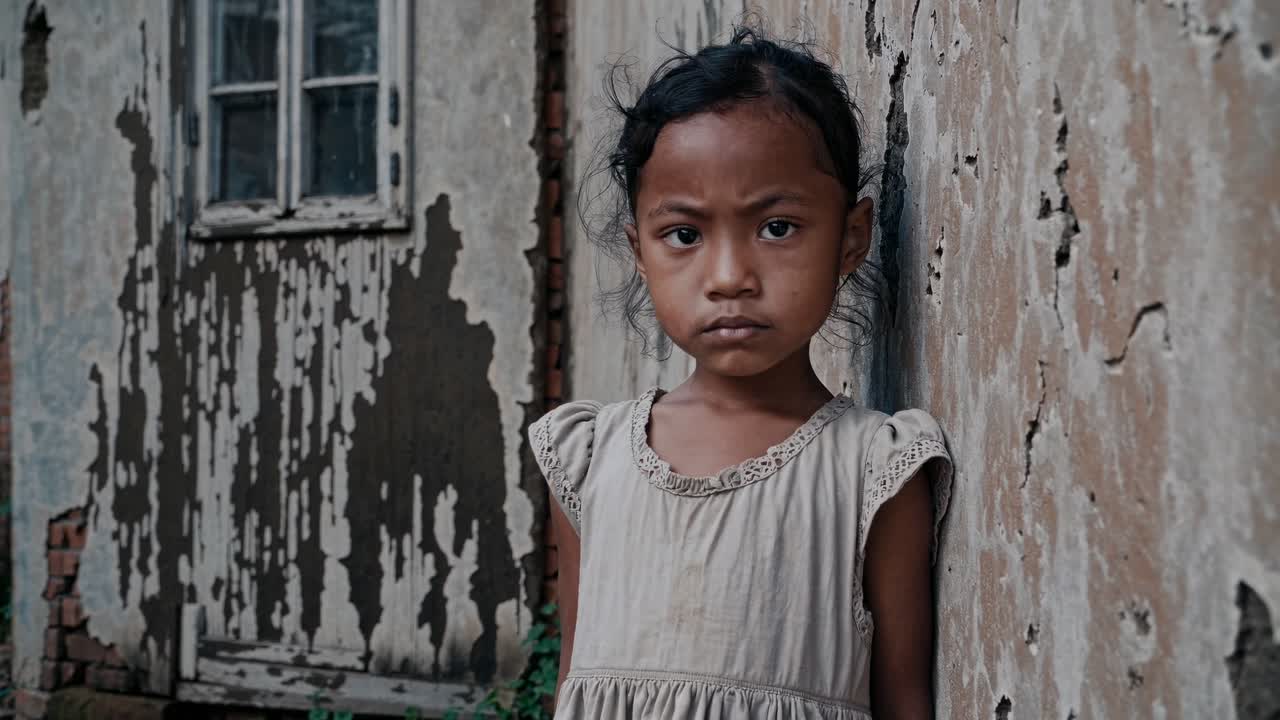 Young girl standing solemnly against weathered, peeling wall near abandoned building, embodying quiet introspection and profound emotional depth through silent, contemplative pose