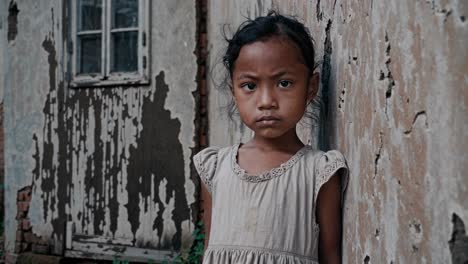 young girl standing solemnly against weathered, peeling wall near abandoned building, embodying quiet introspection and profound emotional depth through silent, contemplative pose