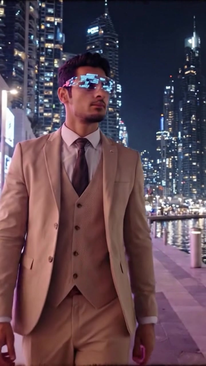 Individuo Vestito con Stile che Passeggia Lungo una Moderna Strada sul Lungomare di Notte, Circondato da Grattacieli e Luci Urbane in un Ambiente Cittadino Vibrante