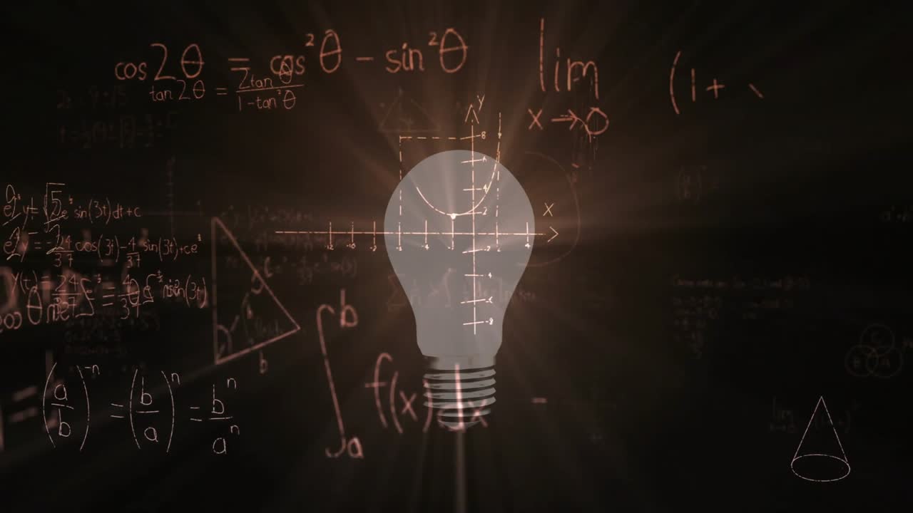 Coretan papan tulis minimalis muncul, membuat rumus-rumus berkedip dan bersinar, mengilustrasikan matematika.