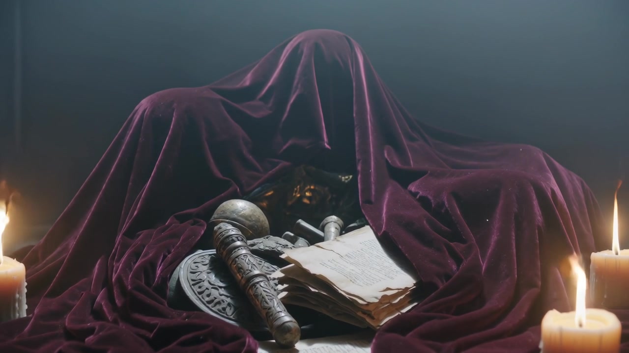 Panning camera and candles flickering revealing burgundy drape on table, exposing staff, parchment