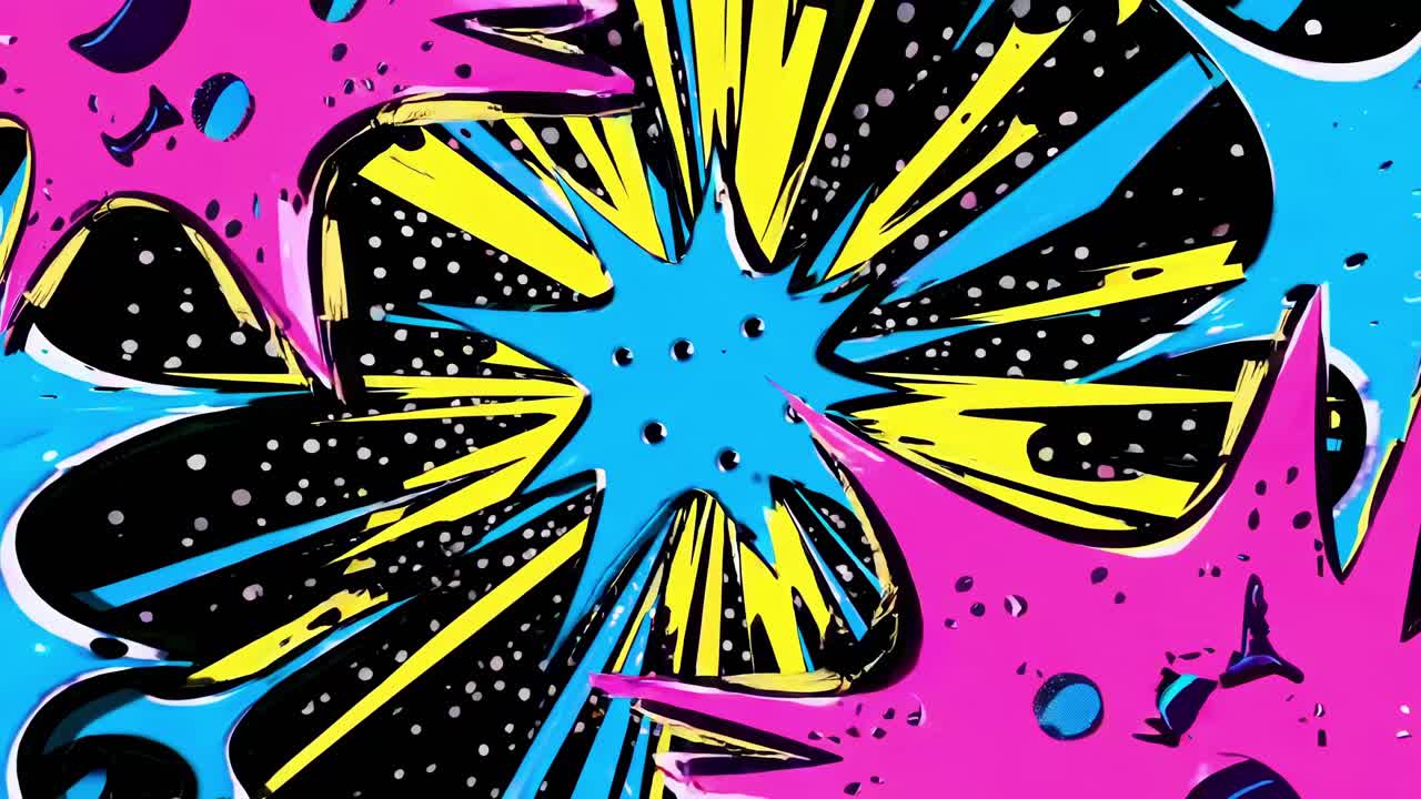 Dynamic pop art style with vibrant colors and comic book elements