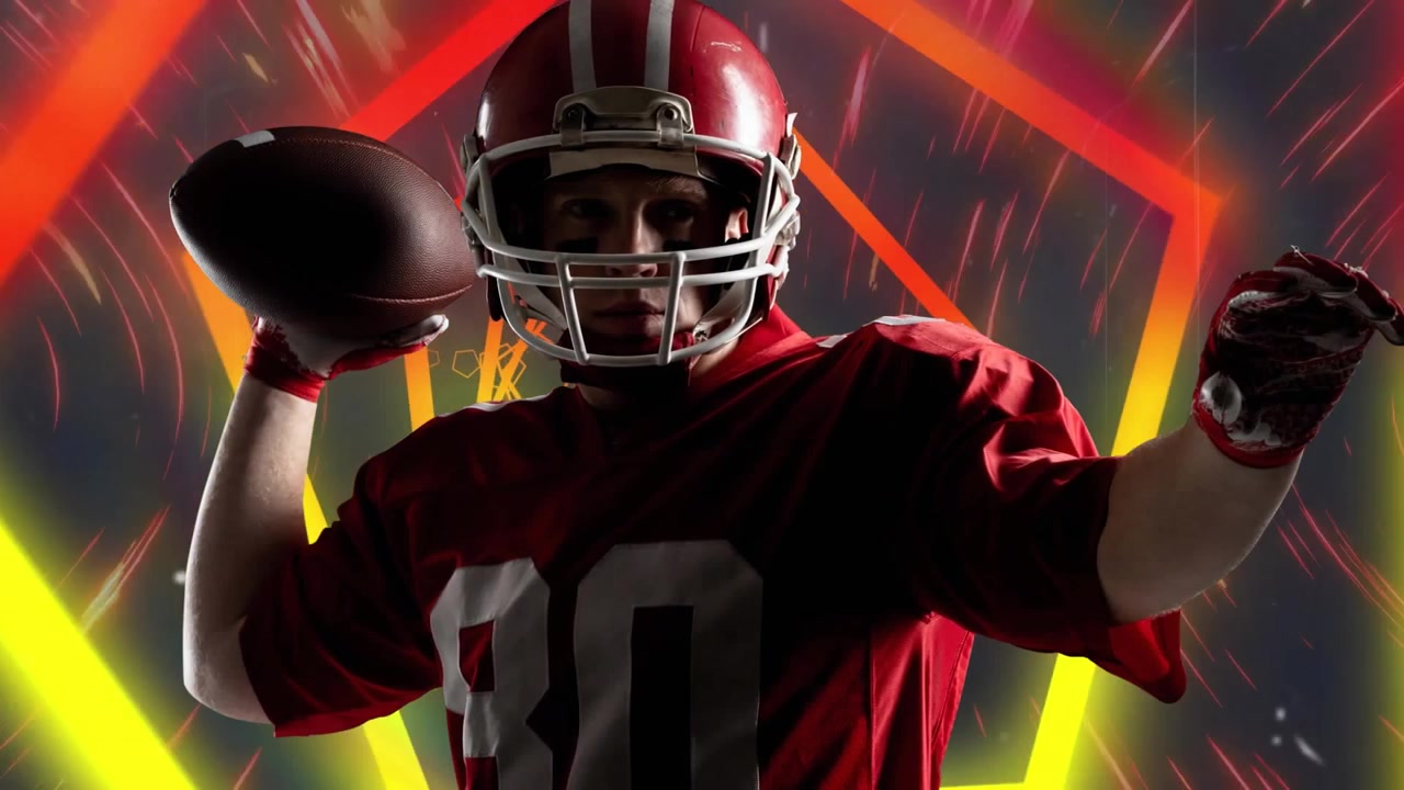 Animazione di stelle sopra un giocatore di football americano luminoso che tiene la palla.