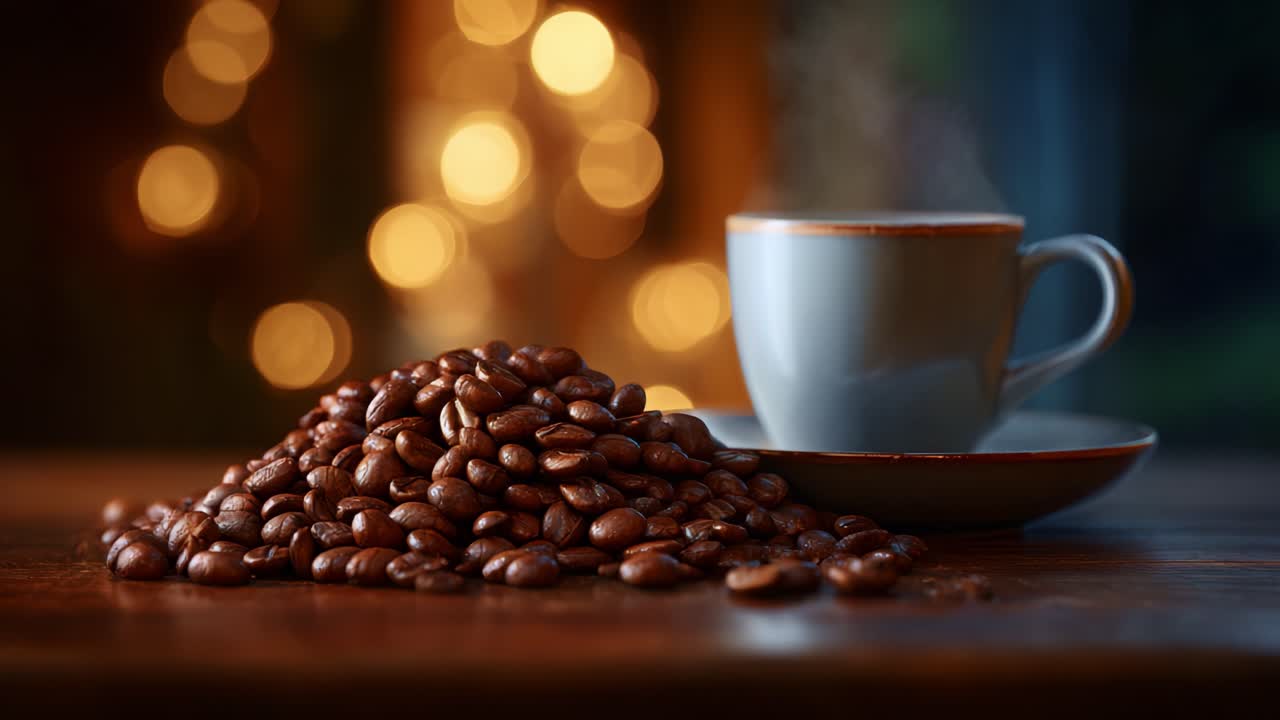 En hyggelig kaffescene med friskristede bønner pænt stablet ved siden af en varm kop, perfekt til at nyde et afslappende øjeblik og nyde aromaen af brygget kaffe