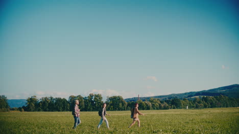 young friends walking on grass in meadow