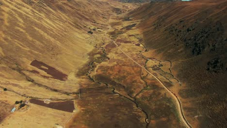 peruvian quechua indigenous valley in lares trek. aerial tilt up