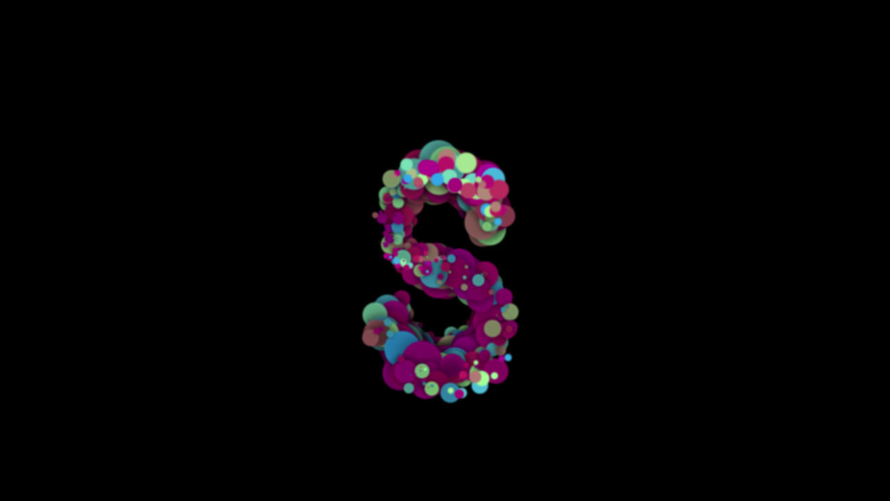 Colorful particle bubbles forming letter S on transparent background