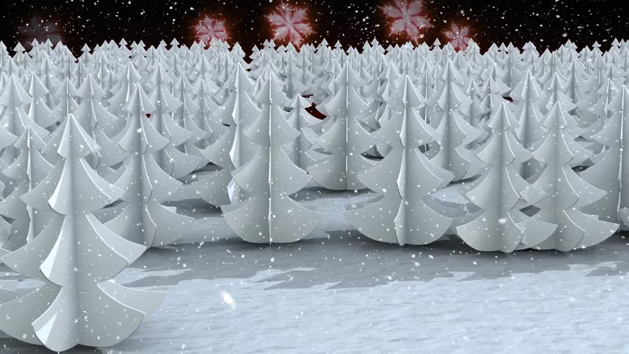 검은 배경의  ⁇ 은 눈송이에 맞서 겨울 풍경에 여러 나무에 눈이 내리고 있습니다.