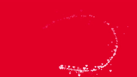 trail of small pink hearts flying around on red background