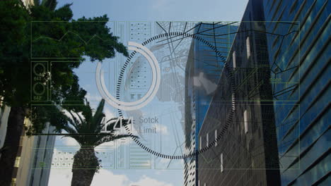 digital interface animation over modern skyscraper and palm trees against blue sky