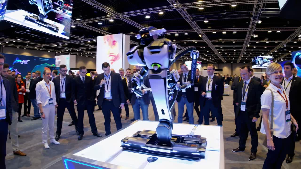 Wide-angle shot of a bustling tech expo, showcasing attendees exploring innovative displays