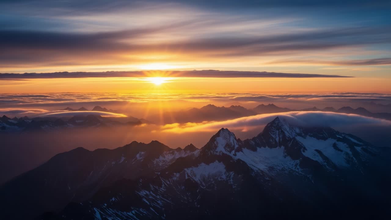 Dramatic Sunset or Sunrise Over Snow-Capped Mountains with Clouds