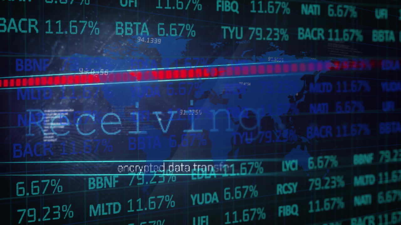 animación de texto y procesamiento de datos sobre fondo oscuro