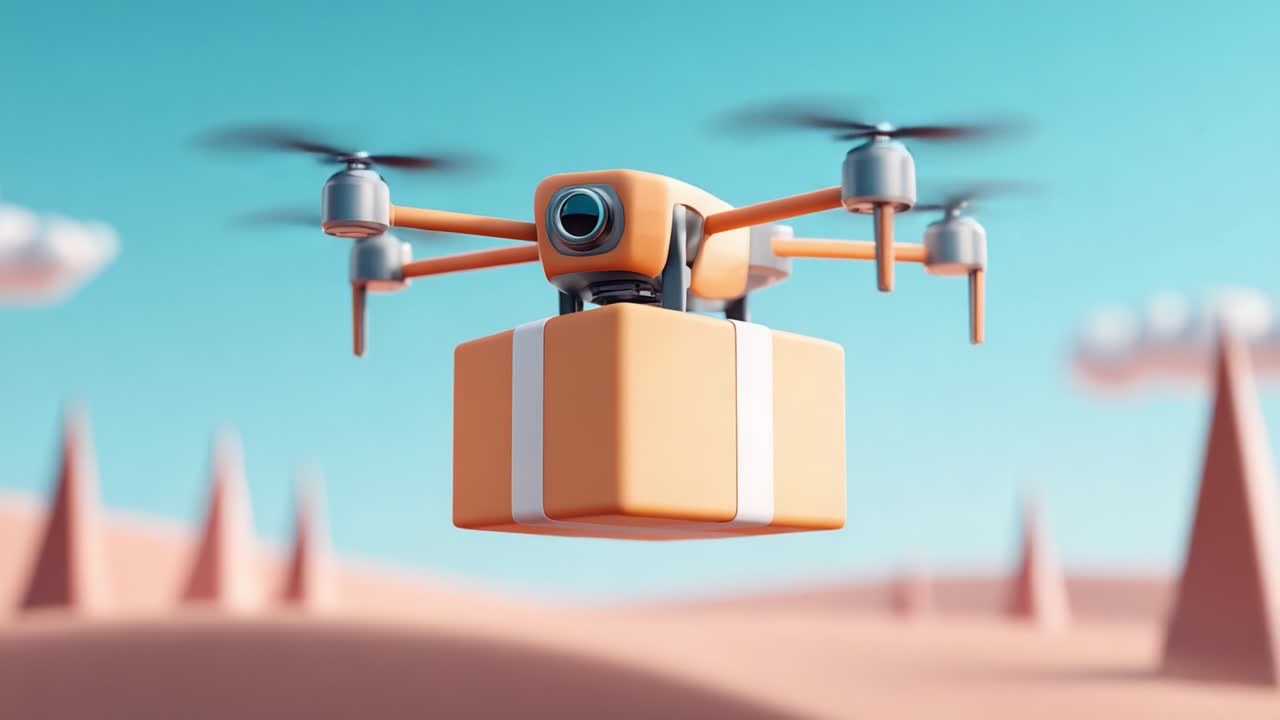 A Vibrant Scene Featuring an Orange Delivery Drone Hovering Over a Stylized Landscape with Geometric Structures and a Clear Blue Sky