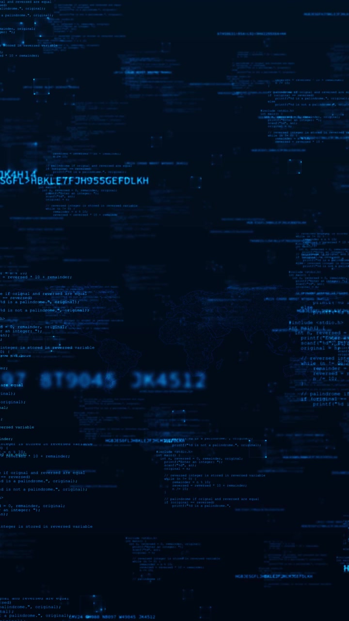 Blue code world map technology background with glowing programming text data panels and digital