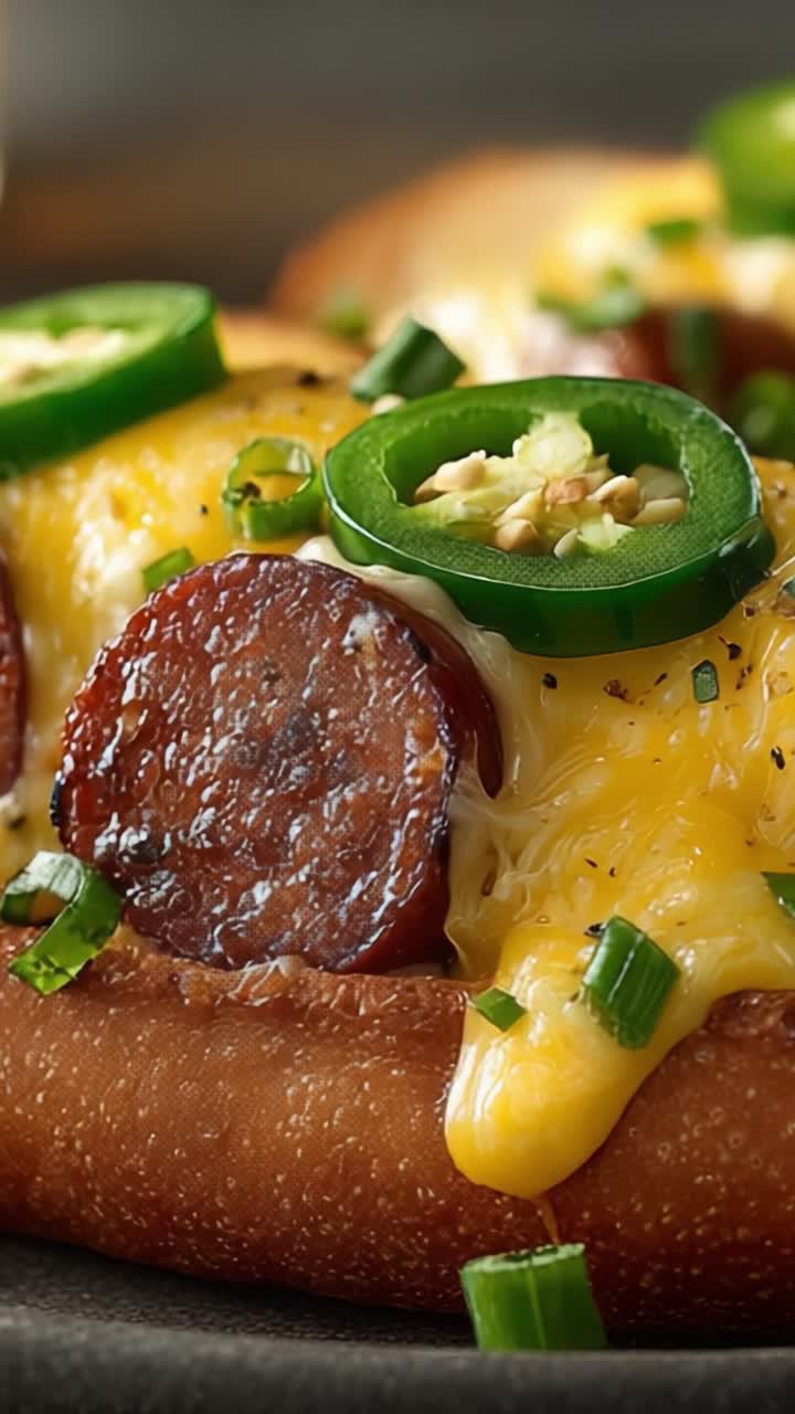 Lahodná sýrová grilovaná klobása na dokonale upečené housce s čerstvými jalapeños a jarní cibulkou: Lahodná pochoutka pro každého milovníka jídla!