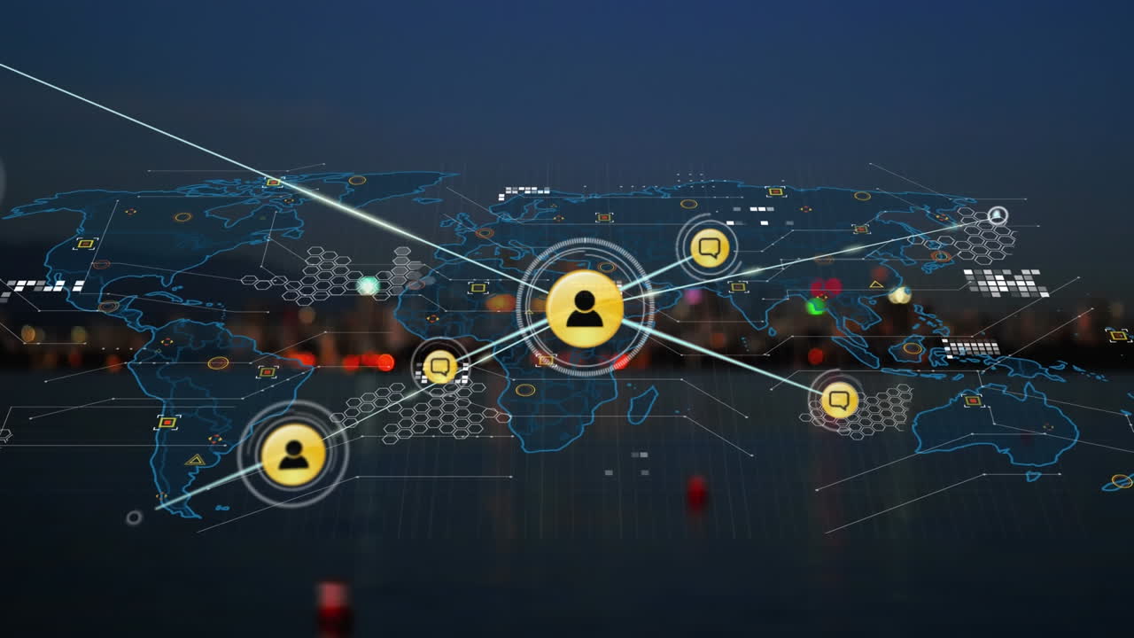 Animazione di una rete di connessioni con icone e una mappa del mondo su un paesaggio urbano